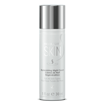 Herbalife SKIN Replenishing Night Cream bottle for all skin types, 1 fl oz, promoting soft and silky skin overnight.