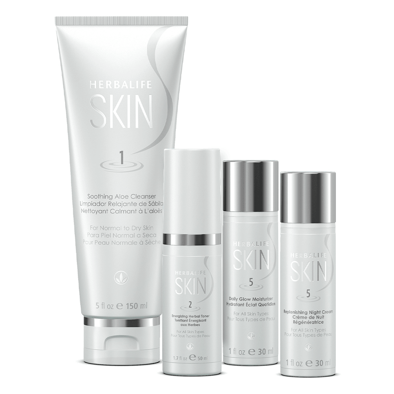 Herbalife SKIN Basic Program for normal to dry skin featuring soothing aloe cleanser, glow moisturizer, and night cream.