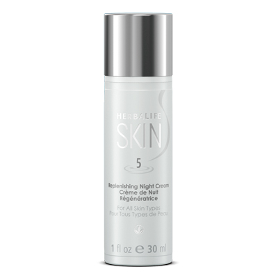 Herbalife SKIN Replenishing Night Cream bottle for all skin types, 1 fl oz, promoting soft and silky skin overnight.