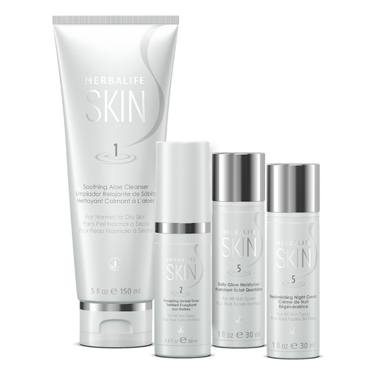 Herbalife SKIN Basic Program for normal to dry skin featuring soothing aloe cleanser, glow moisturizer, and night cream.